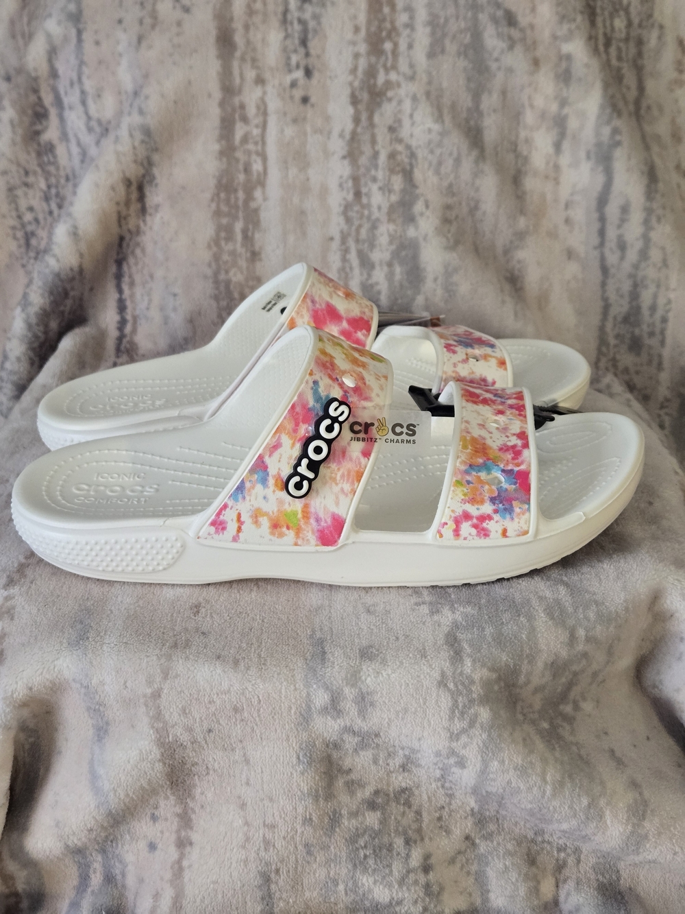CROCS White Slide Sandals with Pink, Blue & Orange Splash 8 M / 10 W